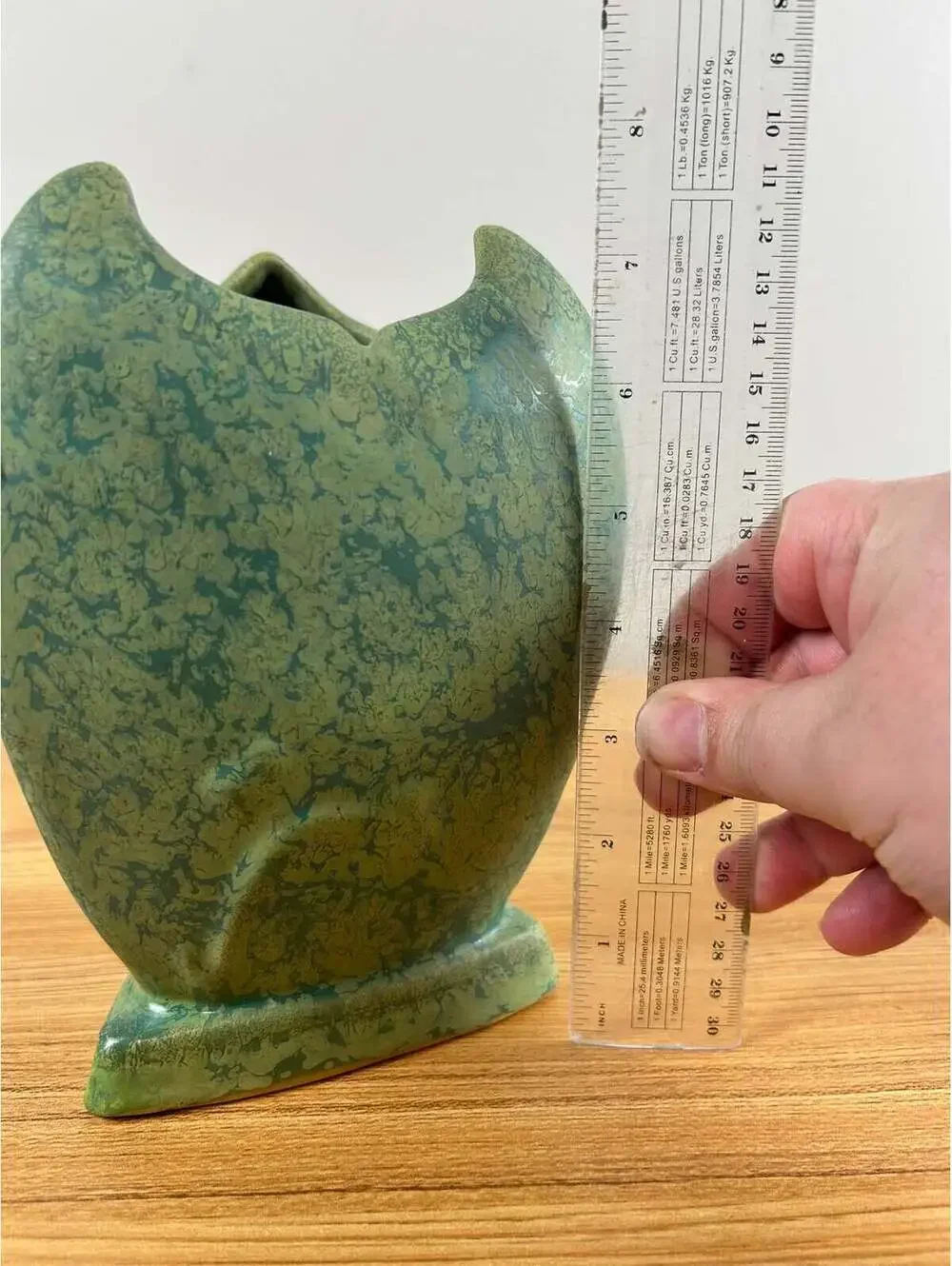 WELLER ART POTTERY FROSTED GREEN GLAZE ON ART DECO THREE SIDED TUTONE VASE